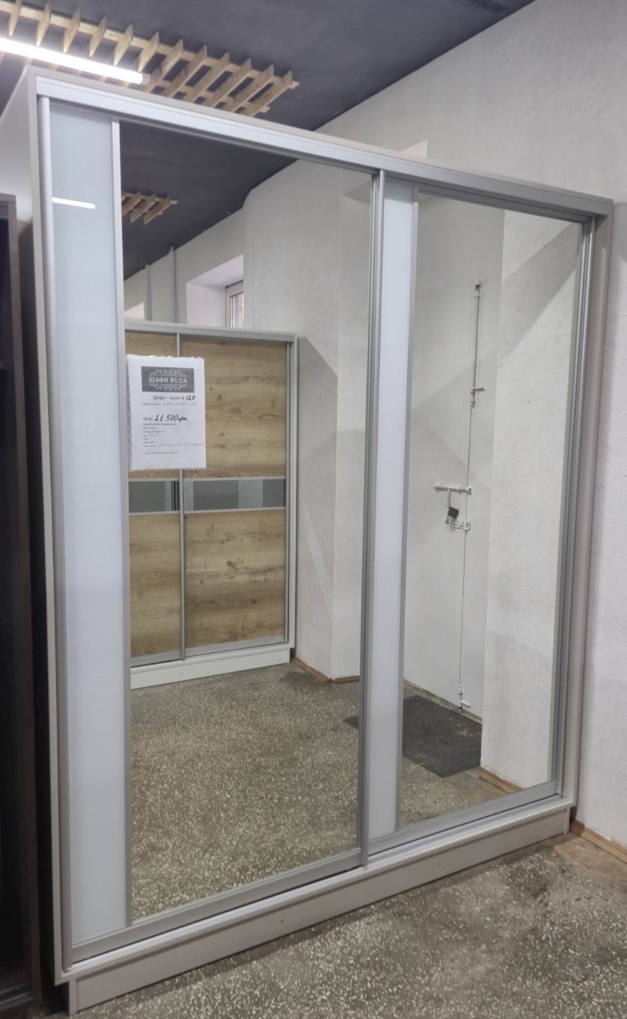 шафа-купе двохдверна ДСП, дзеркало та лак ультра білий, профіль срібло